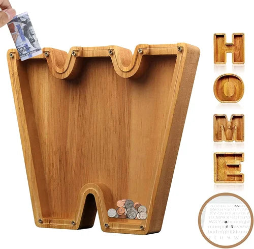 Cassa di Risparmio TreasureNest | Scatola di risparmio in legno personalizzata con design delle lettere A-Z