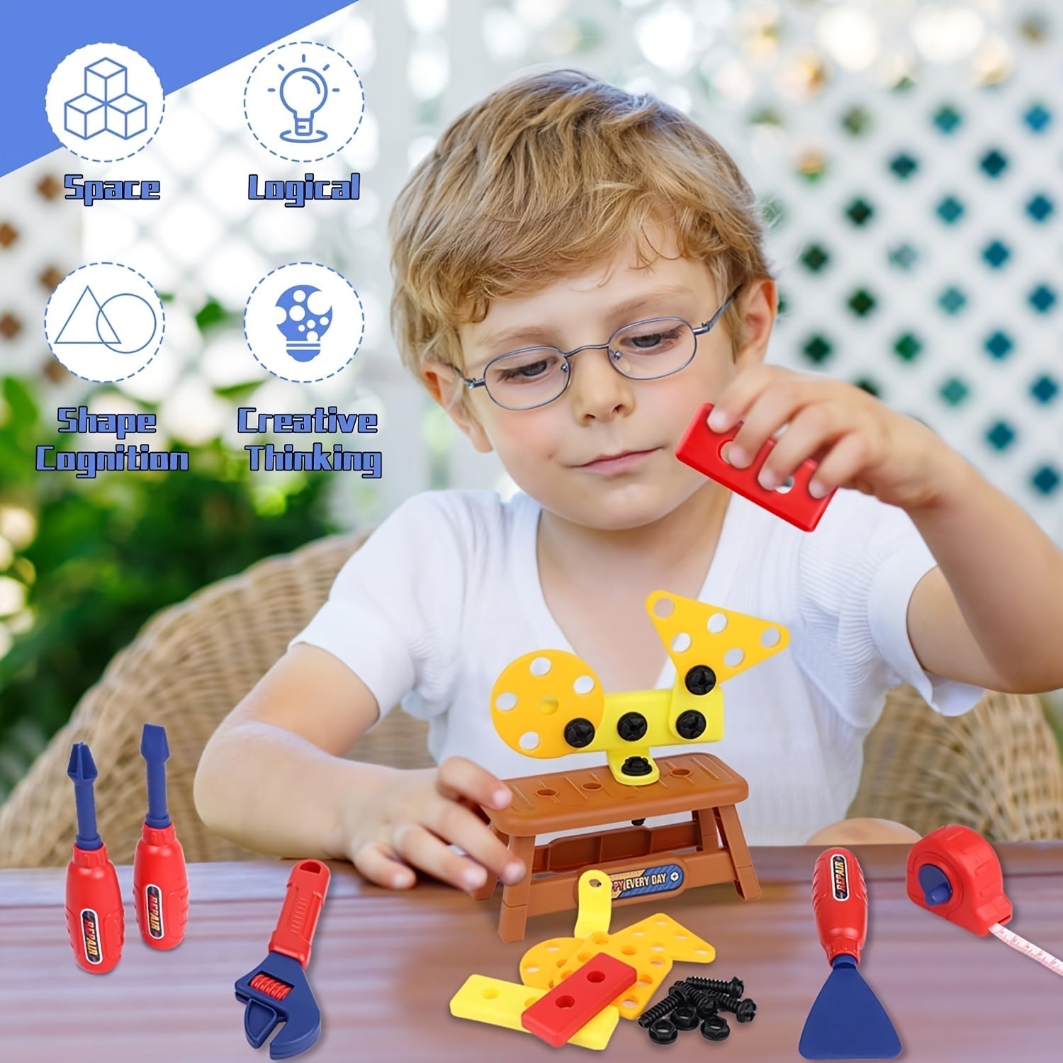 Set di Attrezzi da 48 Pezzi per Bambini – Con Trapano Elettrico, Casco di Sicurezza e Borsa per Riporre