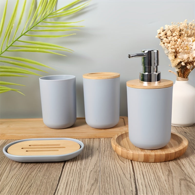 Set di Accessori per Bagno con Coperchio in Bambù – Set da 4 Pezzi per Decorare il Bagno