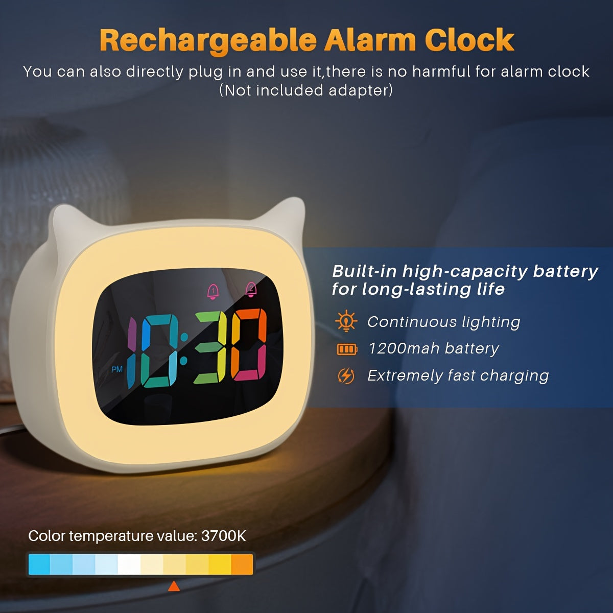 Sveglia a Forma di Orecchie di Gatto – Luce Notturna RGB con 18 Melodie e Ricarica USB