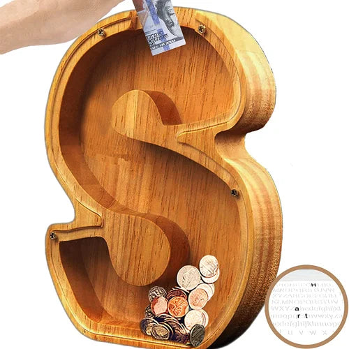 Cassa di Risparmio TreasureNest | Scatola di risparmio in legno personalizzata con design delle lettere A-Z