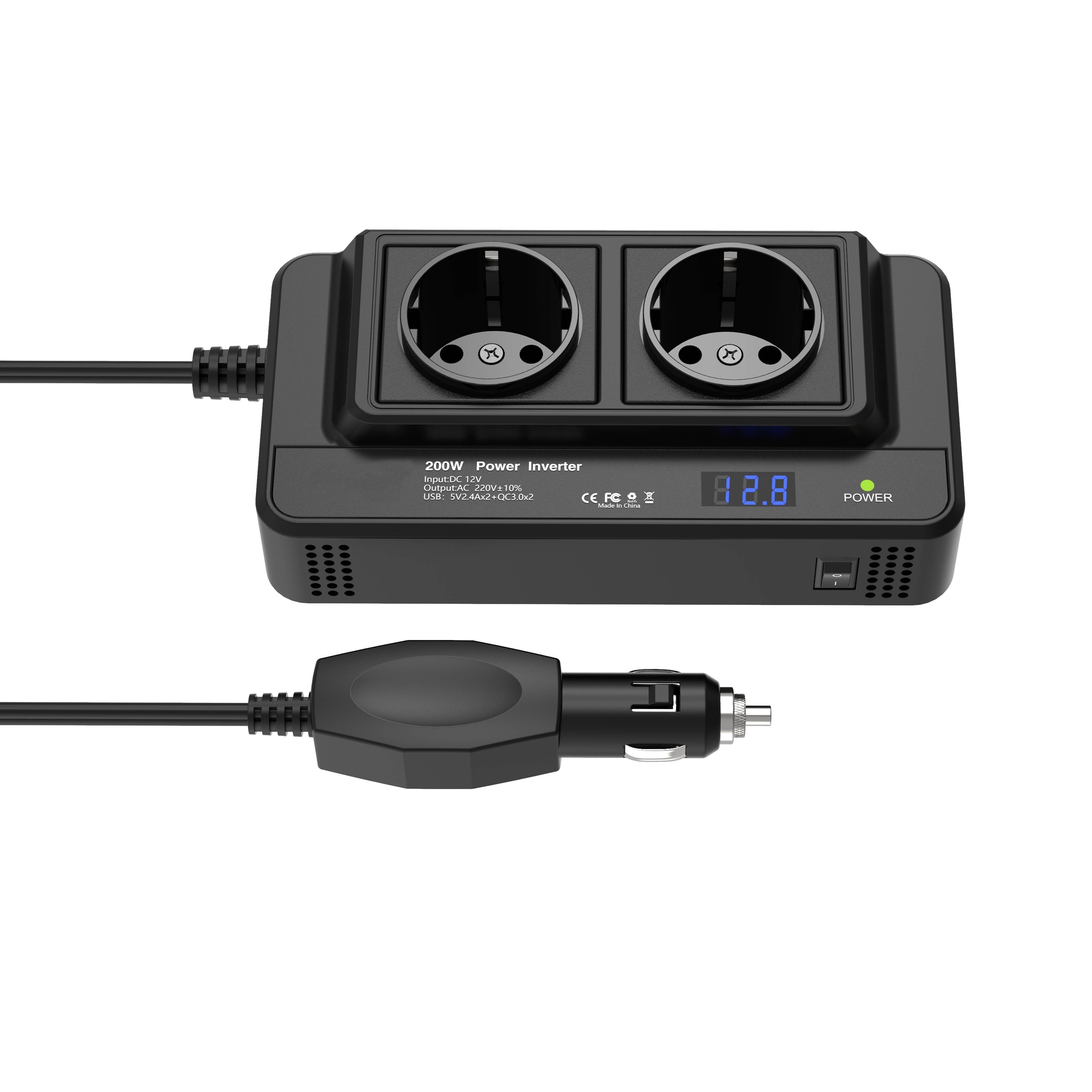 Inverter per Auto Compatto 200W – Doppie Prese & Quattro USB