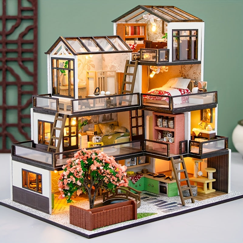 Kit di Puzzle 3D Villa in Miniatura – Modello Fai-da-Te con Illuminazione LED e Interni Dettagliati