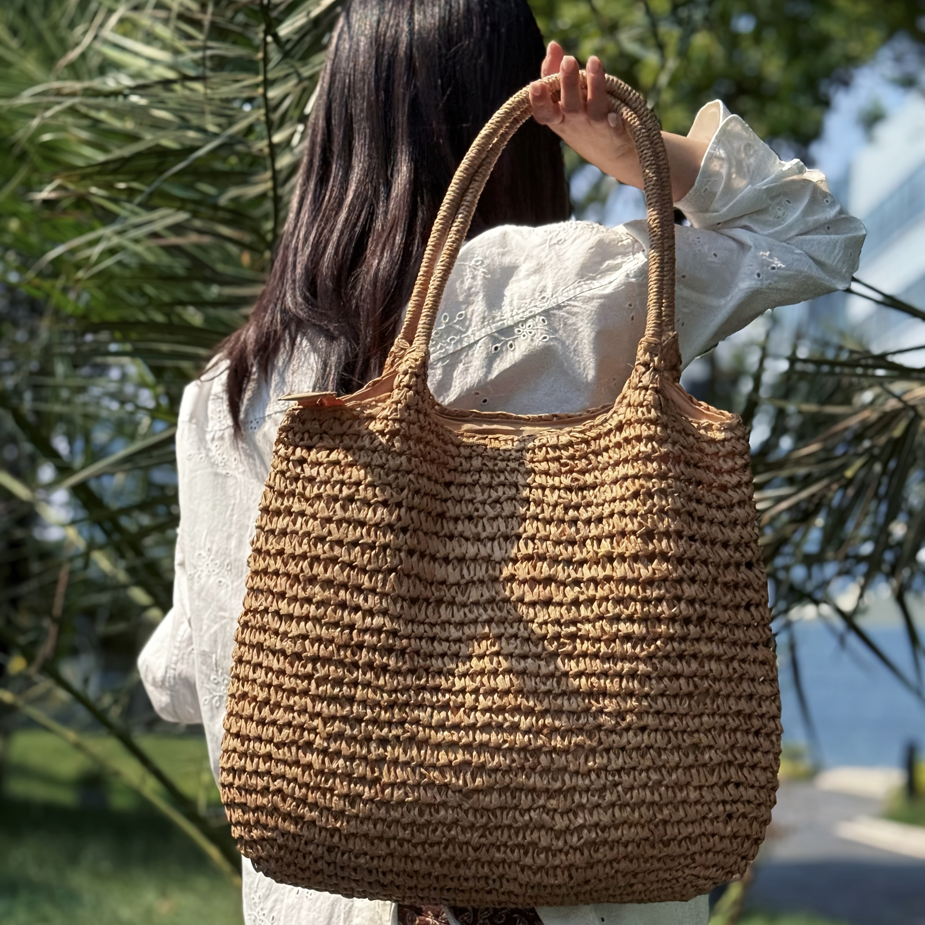 Borsa a Spalla Woven di Grande Capacità per Donne con Chiusura a Zip
