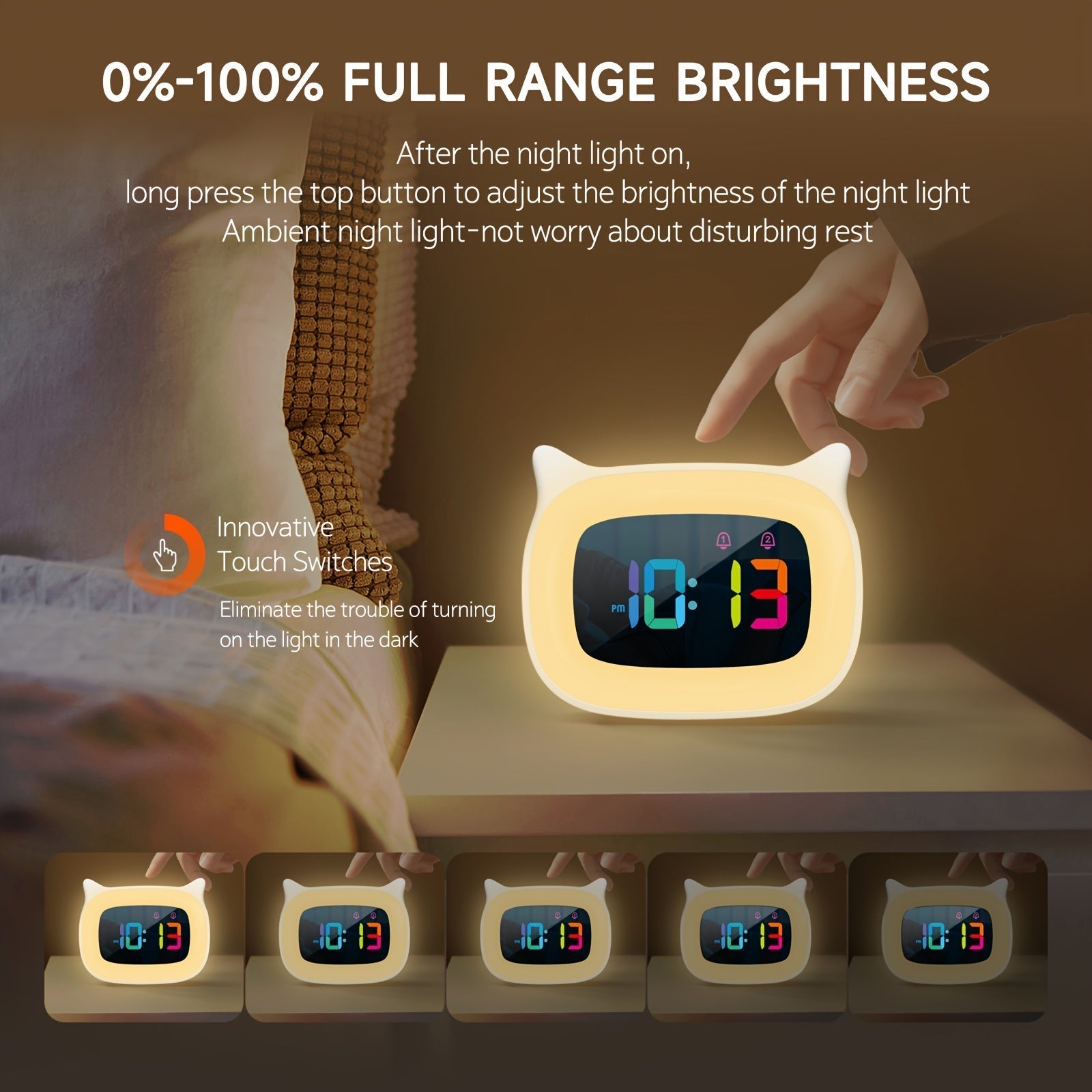 Sveglia a Forma di Orecchie di Gatto – Luce Notturna RGB con 18 Melodie e Ricarica USB