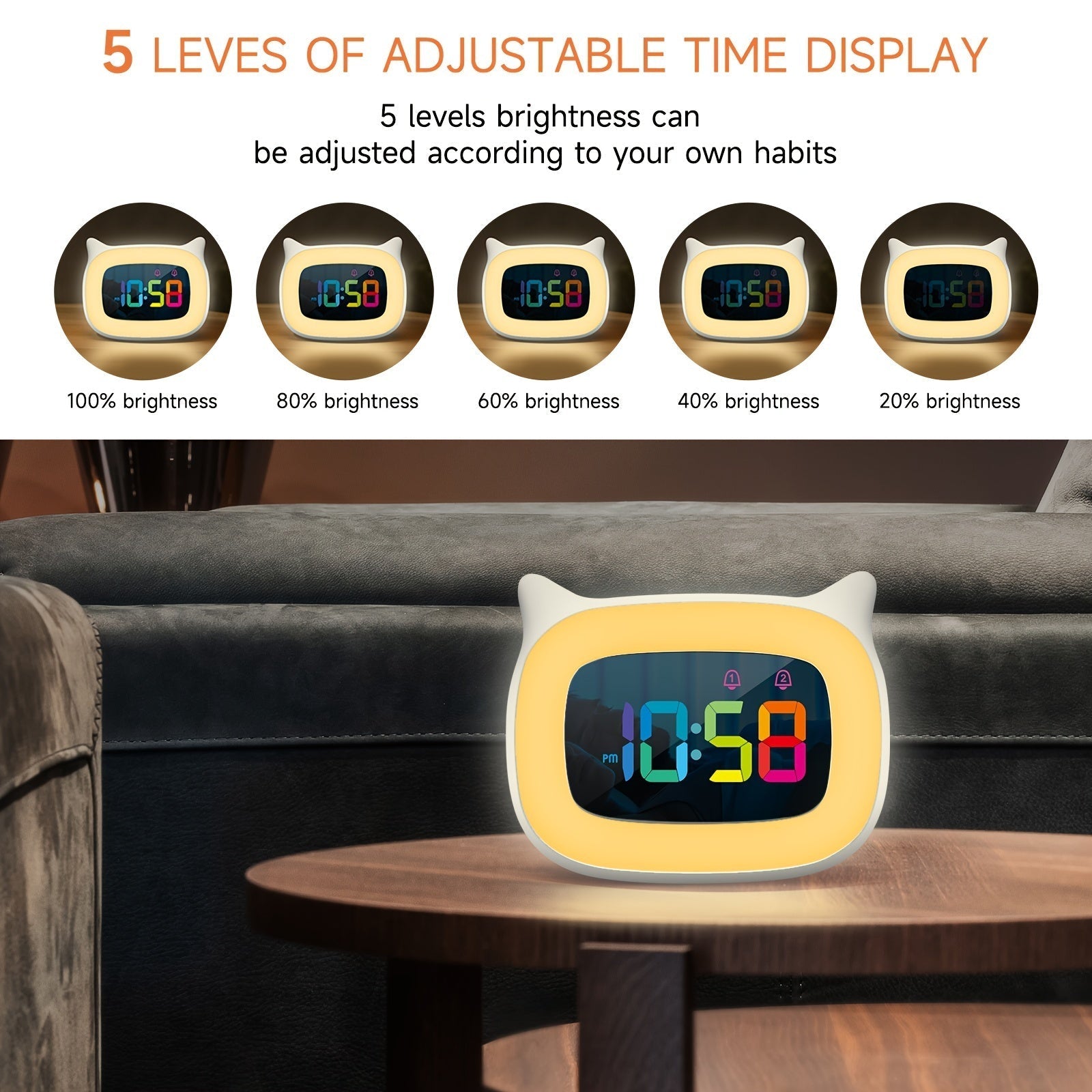 Sveglia a Forma di Orecchie di Gatto – Luce Notturna RGB con 18 Melodie e Ricarica USB