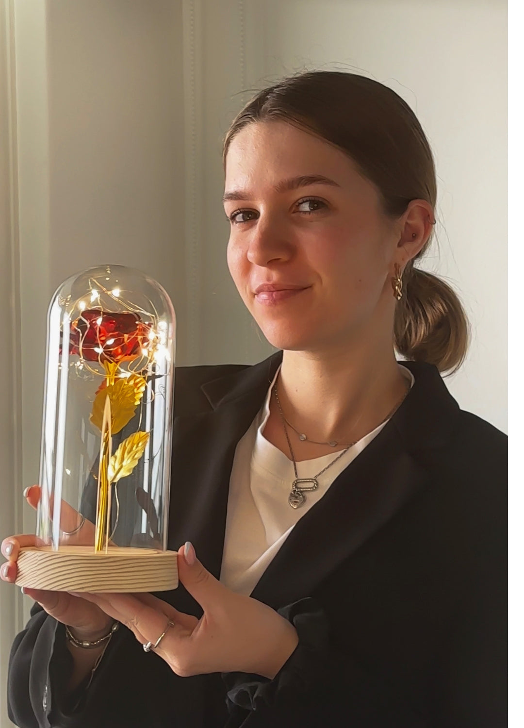 Rosa Eterna | Rosa Dorata in Campana di Vetro con Illuminazione LED