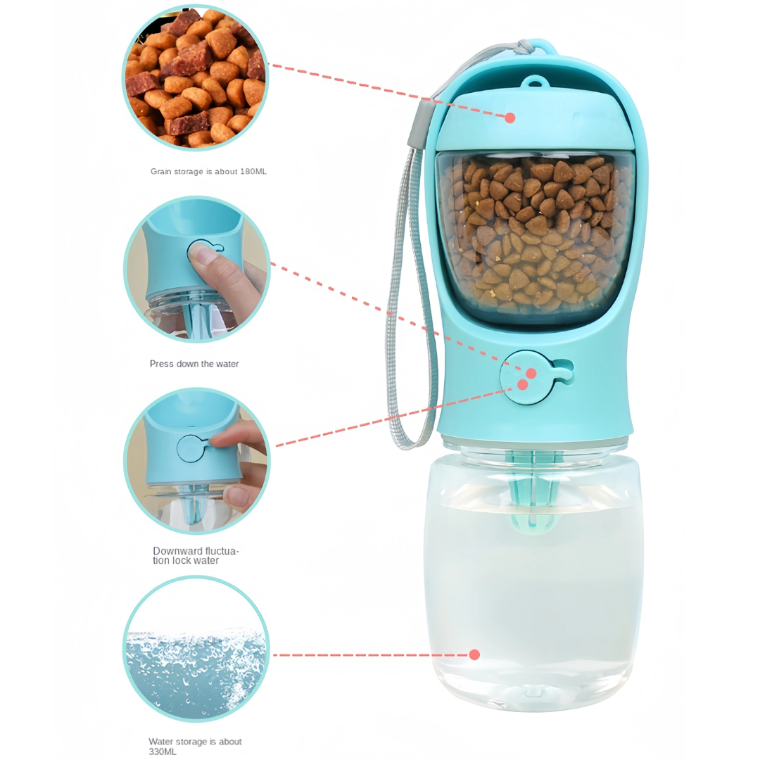 Bottiglia d'Acqua Portatile per Cani & Contenitore per Cibo