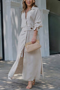 Vestido camisero largo de mujer con cinturón y cuello francés - Elegante vestido de corte A de manga larga para ocasiones elegantes informales y uso diario
