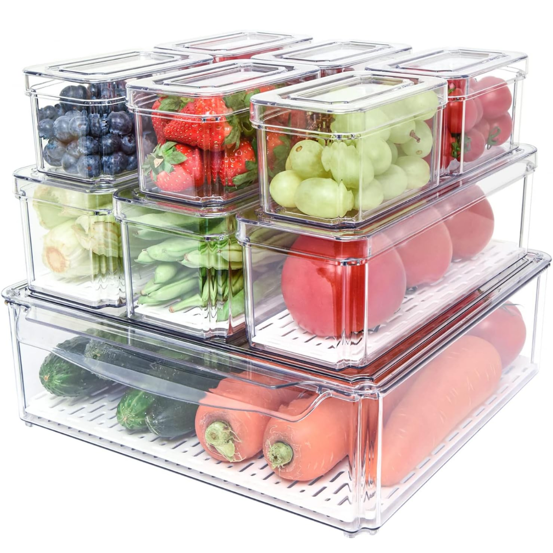 Set di Organizzatori Impilabili per Frigorifero con 10 Contenitori - FridgeMaster