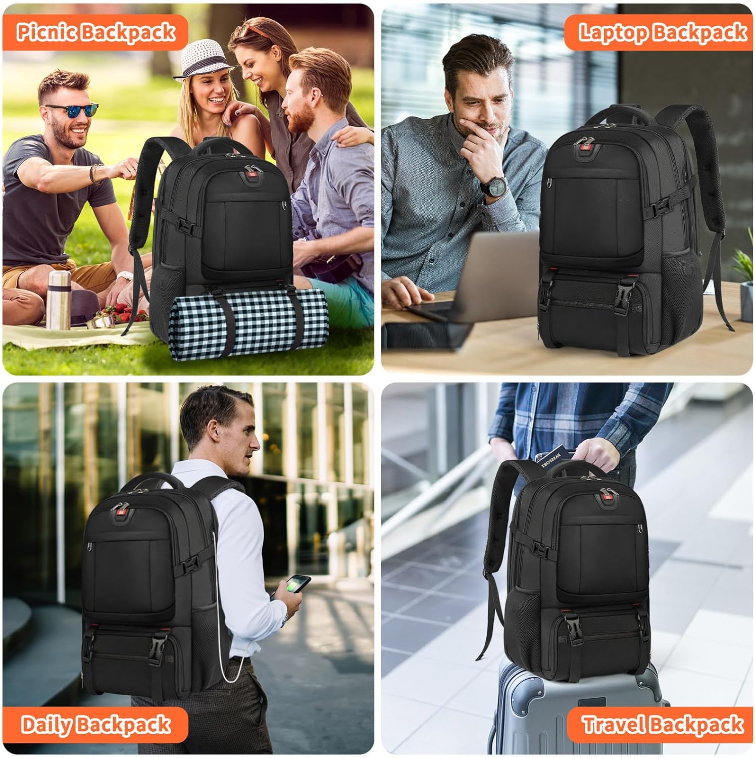 Zaino da viaggio extra-large per pranzi e laptop con porta di ricarica USB