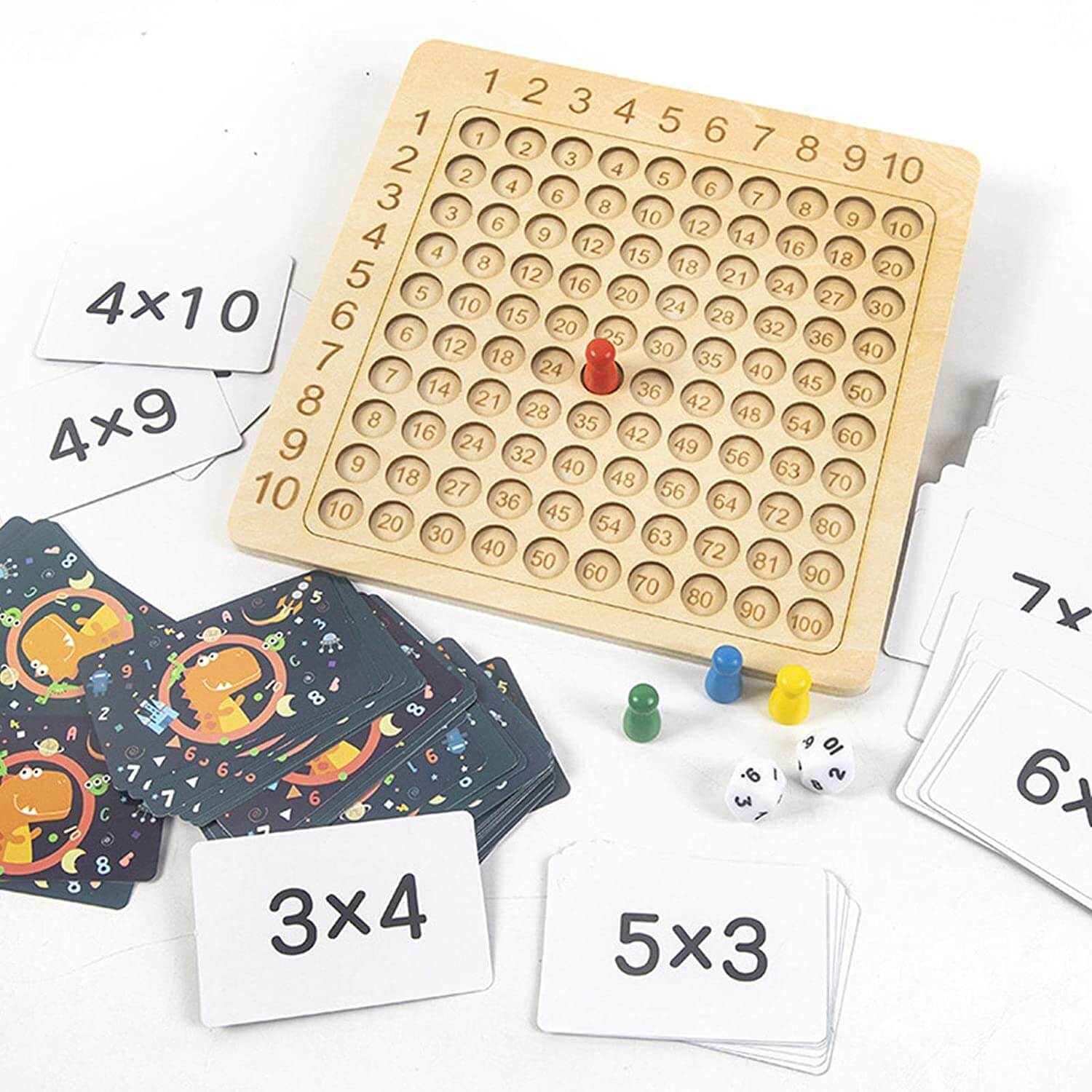 Gioco di Apprendimento con Tavola di Legno per Moltiplicazione 1–10 con Carte e Dadi