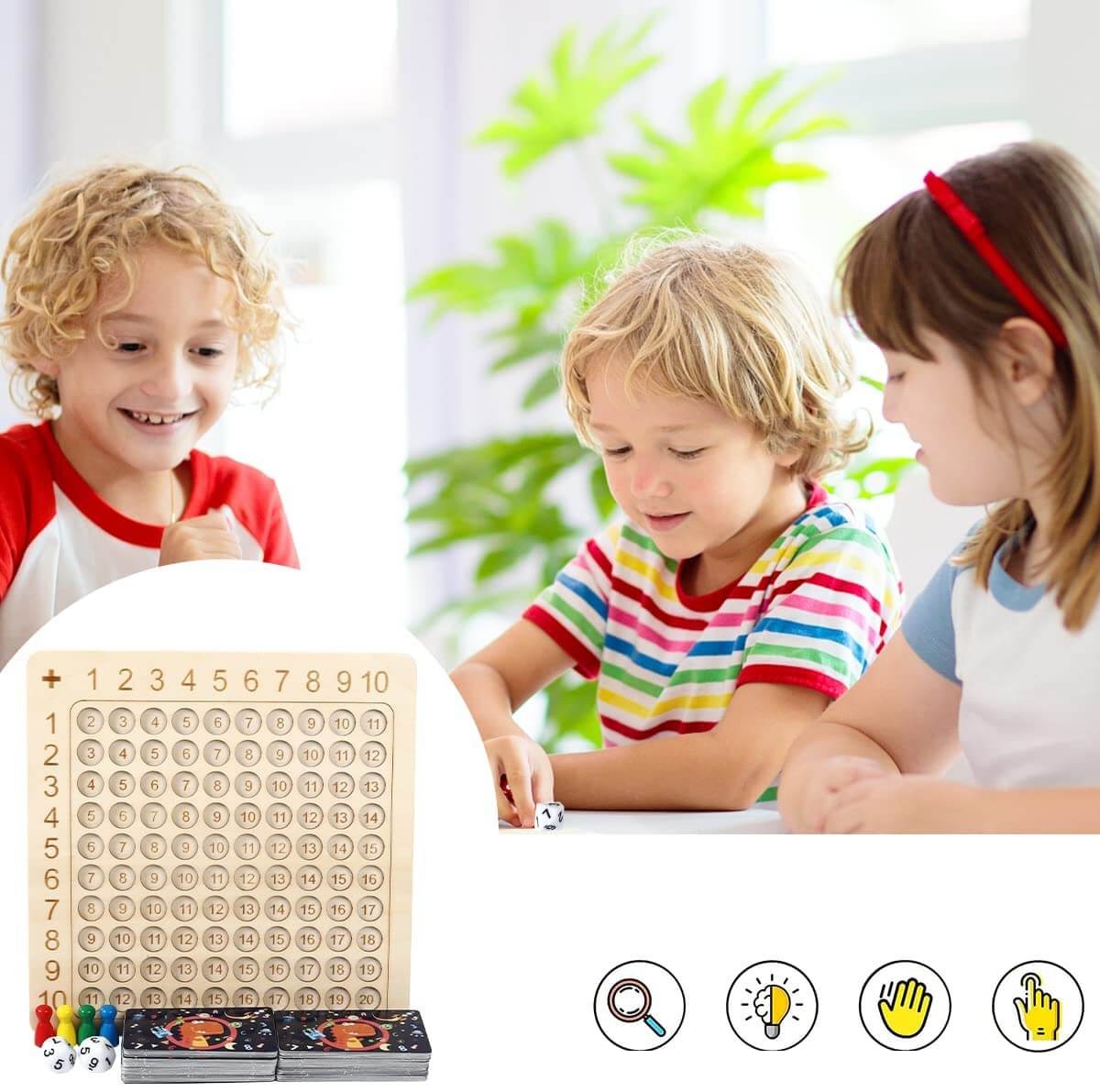Gioco di Apprendimento con Tavola di Legno per Moltiplicazione 1–10 con Carte e Dadi