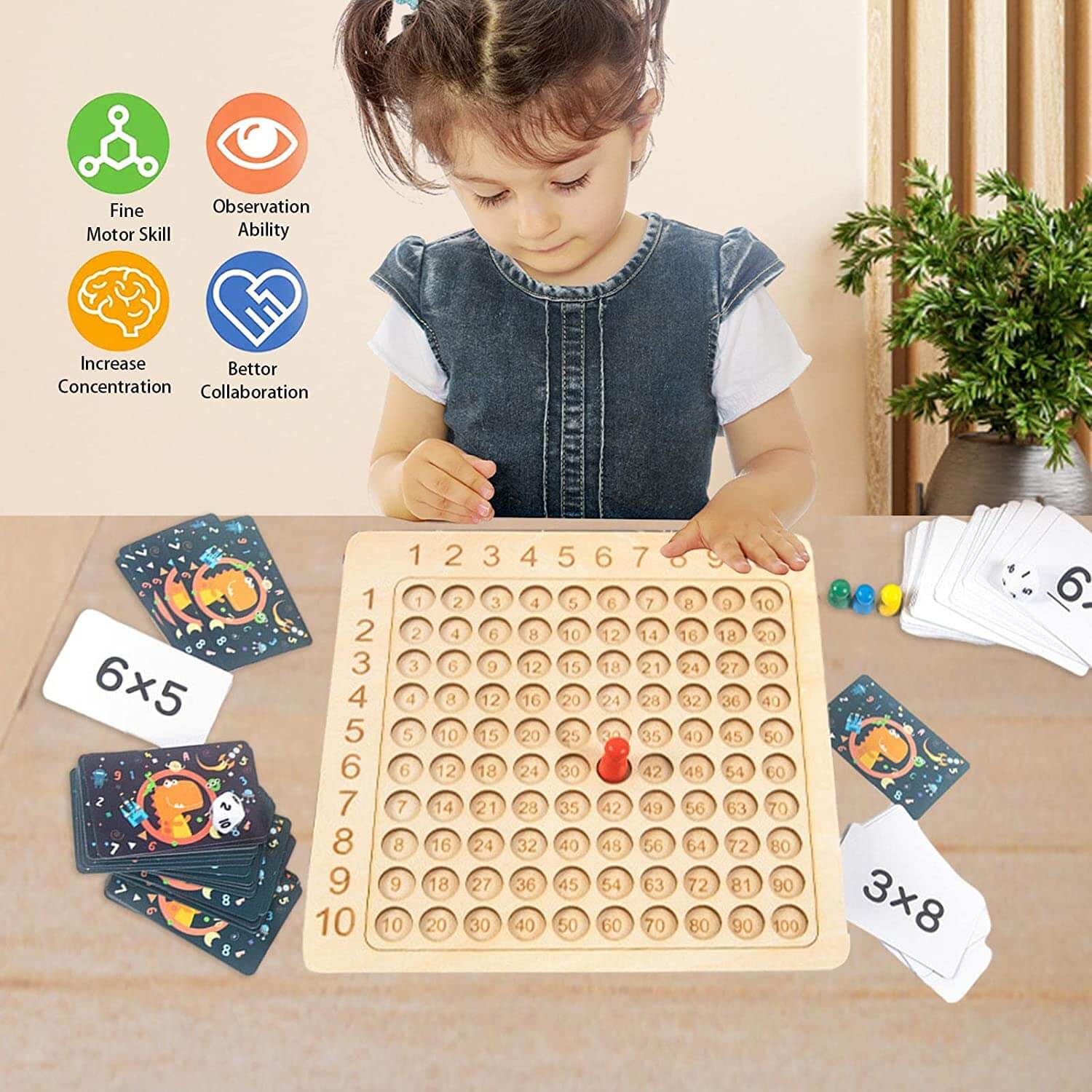 Gioco di Apprendimento con Tavola di Legno per Moltiplicazione 1–10 con Carte e Dadi