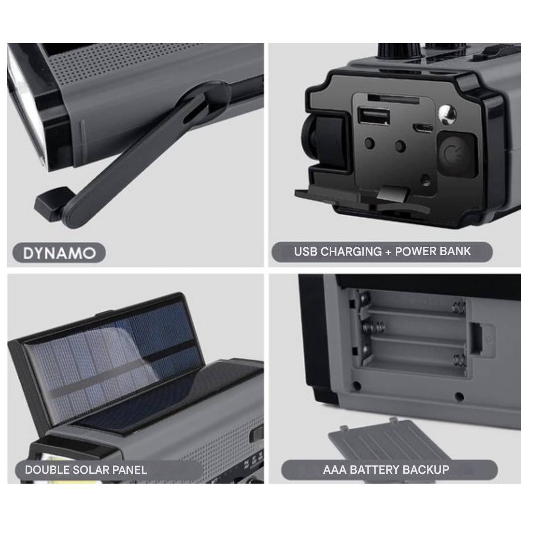 Radio di Emergenza 3-in-1 con Dynamo, Pannelli Solari e Power Bank - SafeWave