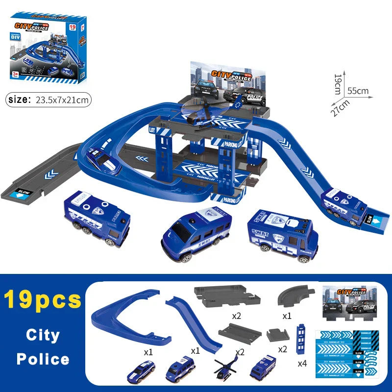 Set di Costruzione Pista per Bambini - Auto della Polizia & Dinosauri
