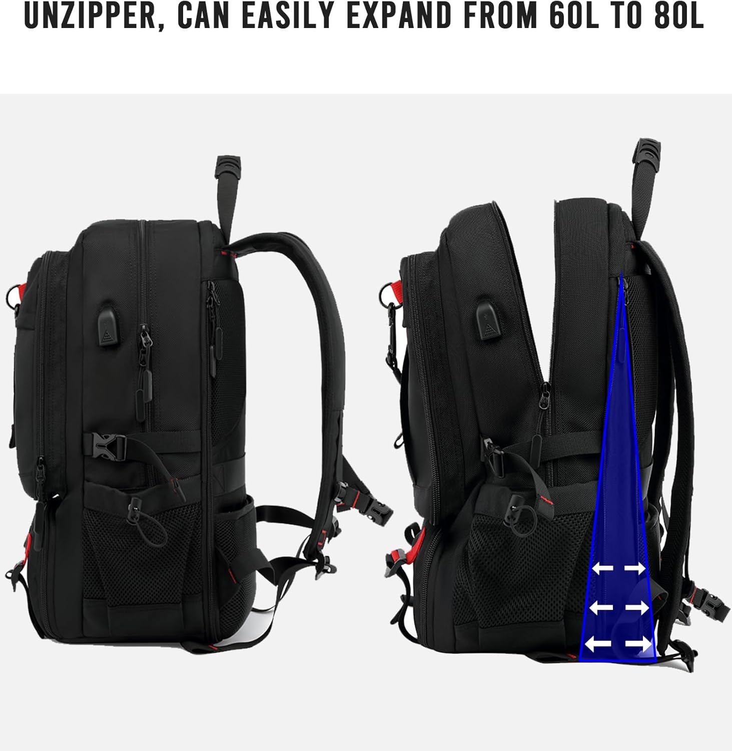 Zaino da viaggio impermeabile da 60L con porta USB e scomparto per scarpe