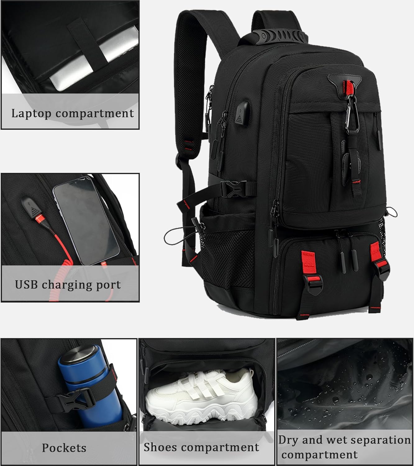 Zaino da viaggio impermeabile da 60L con porta USB e scomparto per scarpe