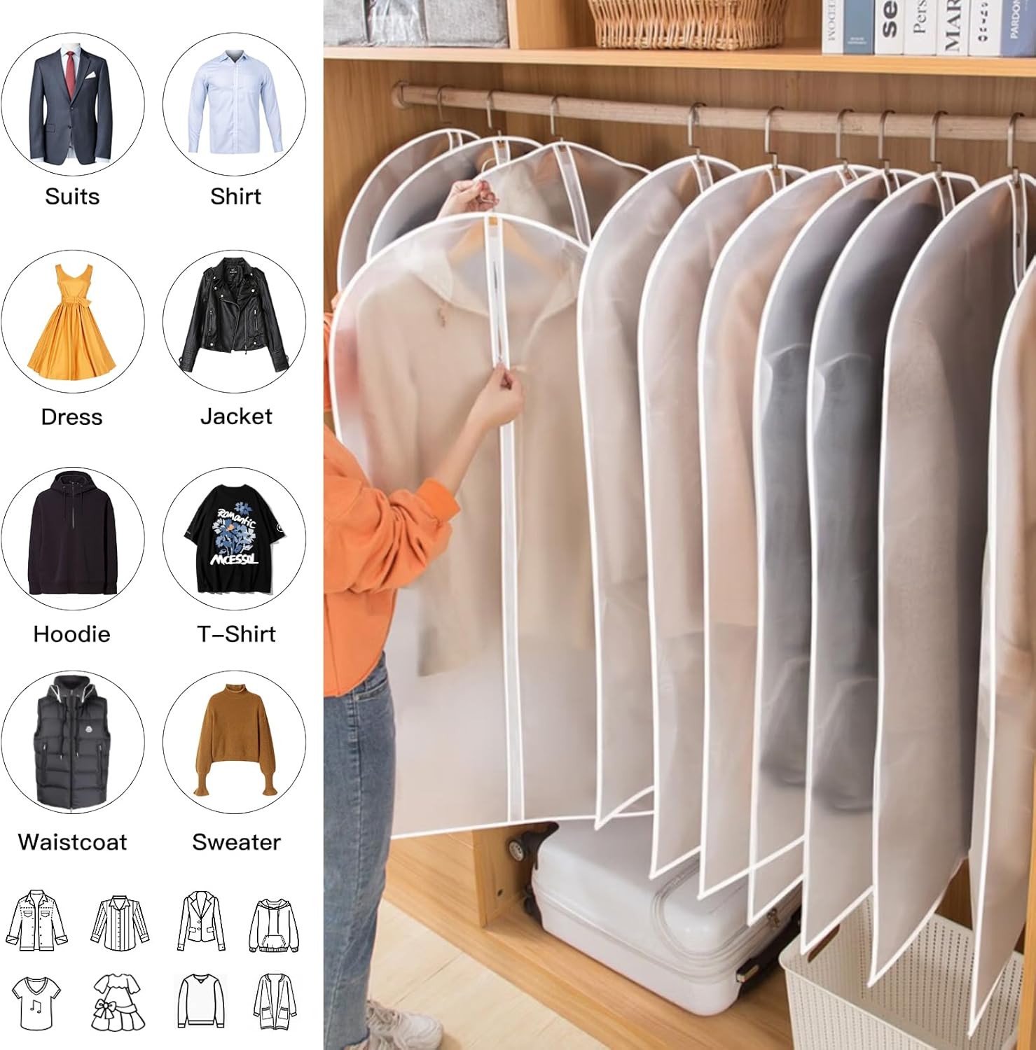 Set di Sacche per Abiti PEVA – Confezione da 12 Coperture per Abiti Appese in 3 Misure (Compra 1, Ricevi 1 GRATIS)